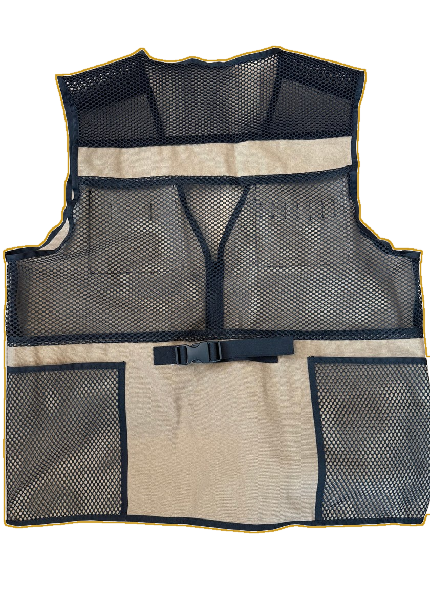 Actual InspectorVest prototype back, flat-lay: full black mesh back panel with tan trim, black quick-release waist strap and rear cargo pockets, no logo