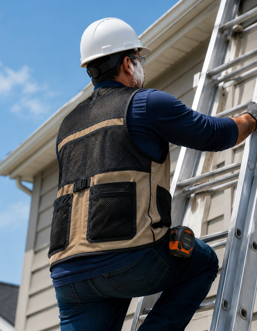 Inspector on a ladder, load riding high on the mesh back