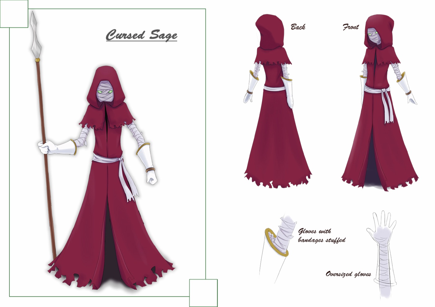 Character sheet for the Cursed Sage, bandaged and green-eyed in red robes